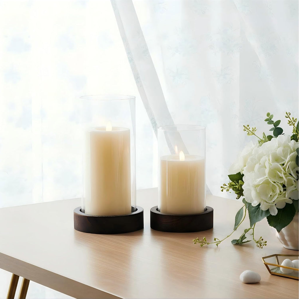 Set of 2 Hurricane Candle Holders with Wood Base & Glass Cylinder (4.2x5.9" & 4.6x7.8") - Rustic Wooden Candle