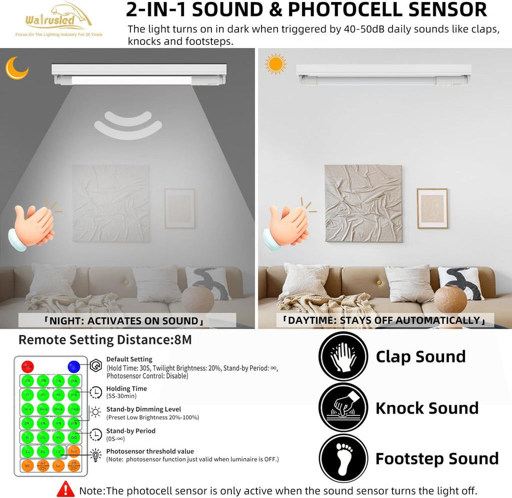T8 LED Claps Tube Light 2FT, Photocell and Sound Activated Sensor, Remote,Dimmable, G13,IP4X,CCT,120V,10W,100