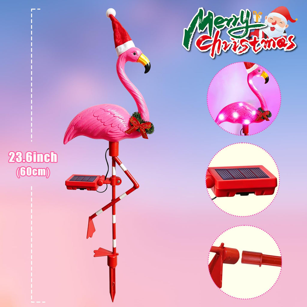 Solar Outdoor Lights Christmas Decor, Solar Xmas Flamingo Lights Waterproof Garden Decor, Flamingo Stake Lights for