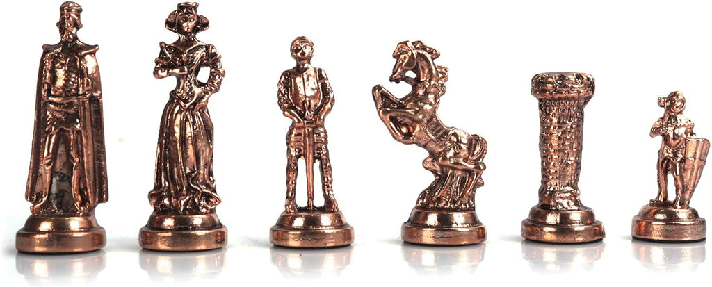 Medieval British Army Antique Copper Metal Chess Set for Adults, Handmade Pieces and Mosaic Design Wooden Chess Board - Set of 32