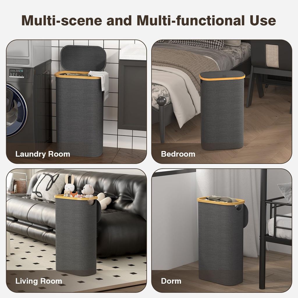 Slim Laundry Hamper with Lid, 75L Small Laundry Basket, Dark Grey
