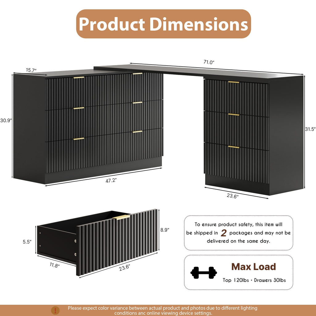 L-Shaped Rotatable 9 Drawer Dresser, 71" Wide Deformable Black Dresser with Gold Metal Handles, Modern Fluted Chest