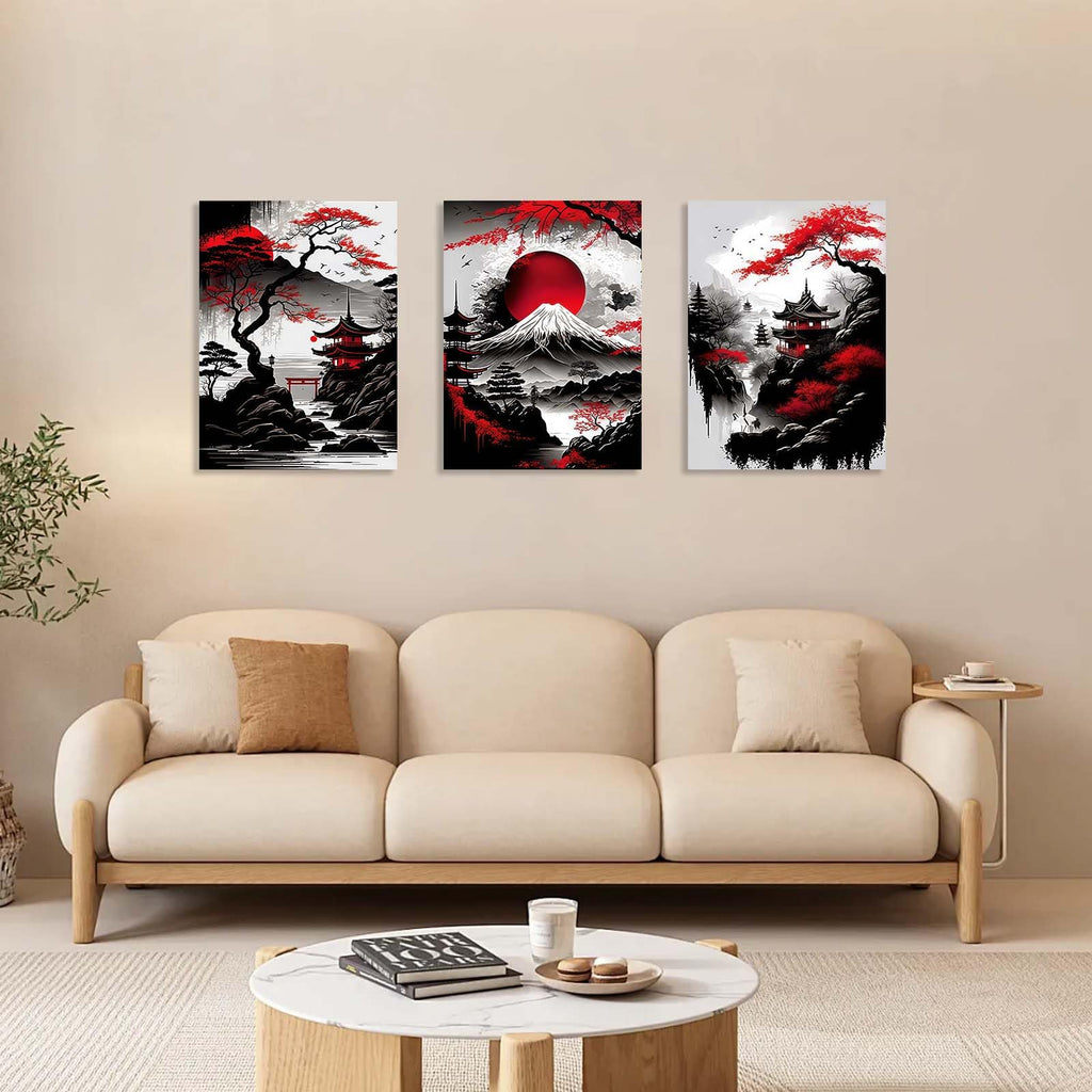3 Piece Framed Canvas Wall Art Japanese Landscape Wall Decor with Red Sun, Mount Fuji, Pagoda & Cherry Blossom