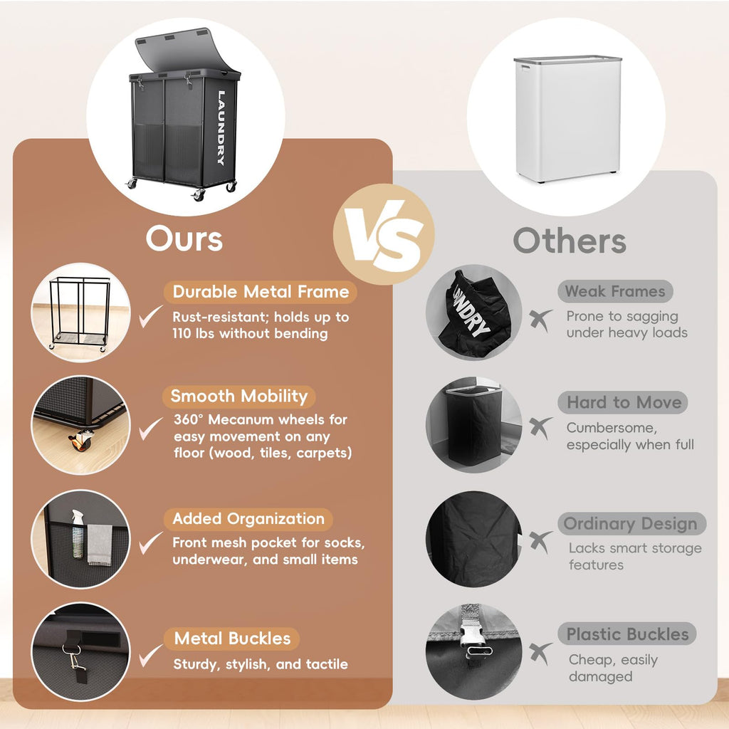 Hamper with Wheels and Lid, 225L Large Rolling Laundry Basket Gray