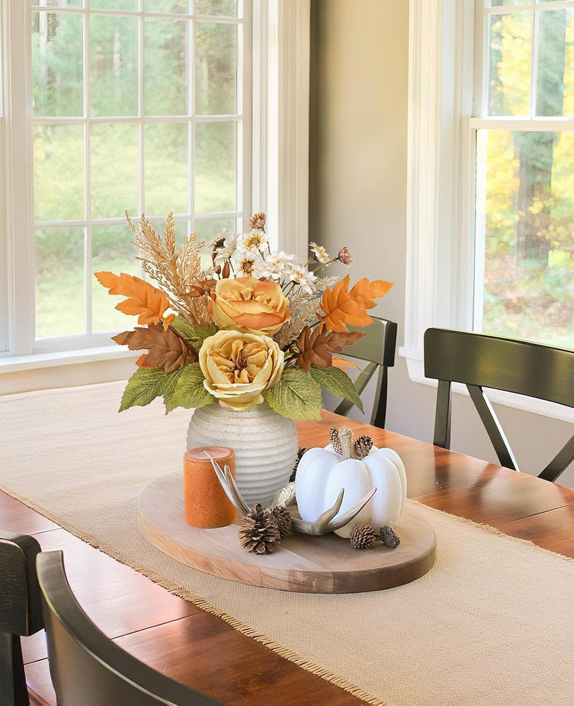 Artificial Fall Floral Centerpiece with Vase, Fake Flowers for Autumn Table Decorations, Silk Rose & Maple Leaves