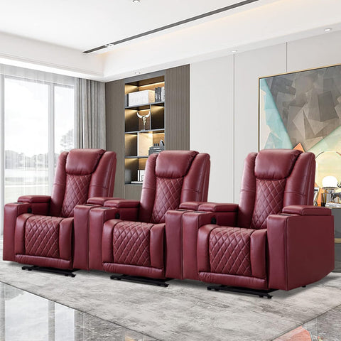 Power Recliner Chair Set of 3, PU Leather Electric Home Theater Seating with USB Ports and Cup Holders, Red Overstuffed Reclining Furniture with Hidden Arm Storage A120-B0BS6MD9KR
