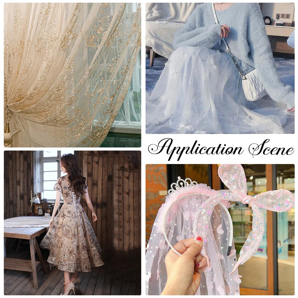 62.99 Inch Light Blue 3D Flower Sequin Tulle Cloth Pattern Netting Sheer Soft Polyester Sparkle Floral Glitter