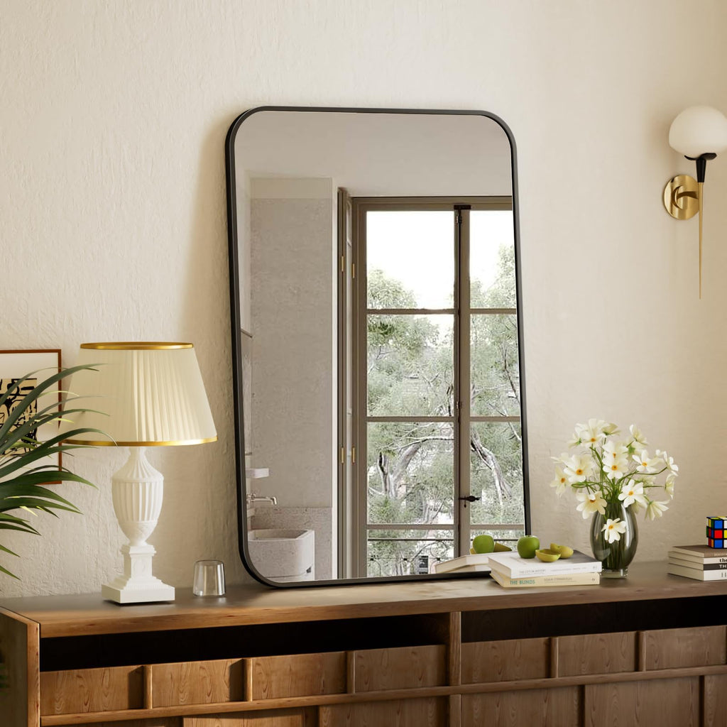 24" x 36" Rectangular Aluminum Alloy Frame Wall Mounted Bathroom Mirror with Rounded Corners, Black