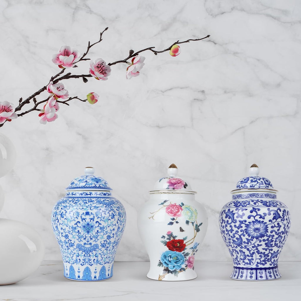 Chinoiserie Ginger Jar,7.6 Inch Ceramic Blue and White Ginger Jar w/Lid,Porcelain Ginger Jars Vase,Coffee