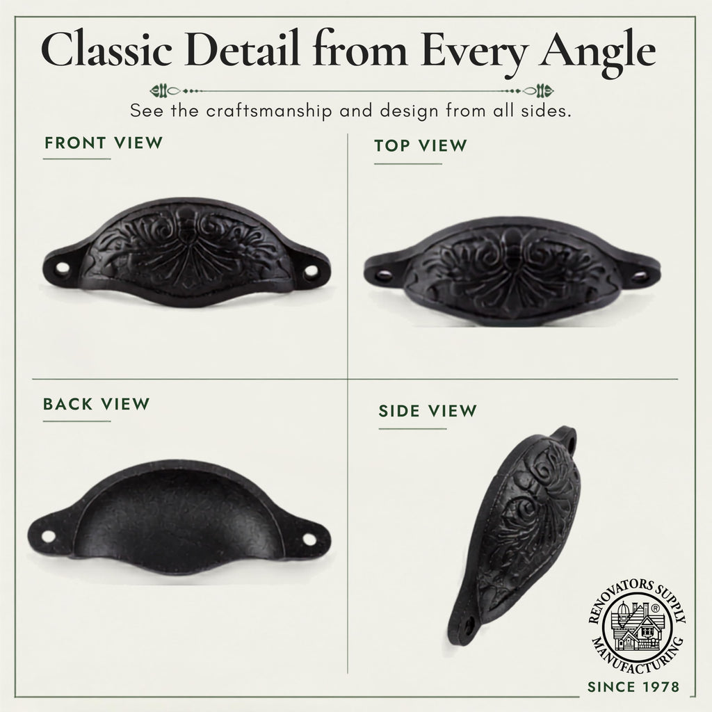 Black Wrought Iron Cup Bin Pull 4.5in Floral Drawer Hardware Pack of 6