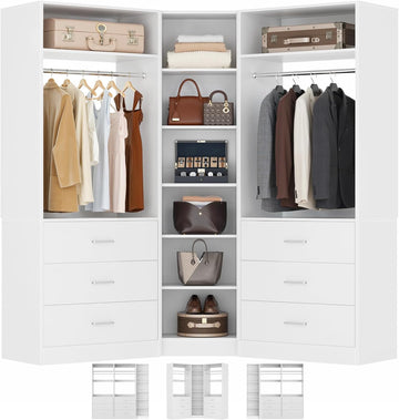 Closet System with 6 Drawers & 10 Shelves, Corner Closet Organizer System, Reversible Walk-in Closets, (L-Shaped
