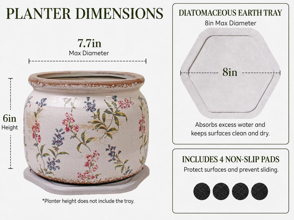 French Country Ceramic Plant Pot with Decorative Saucer, Plant Lover Gifts