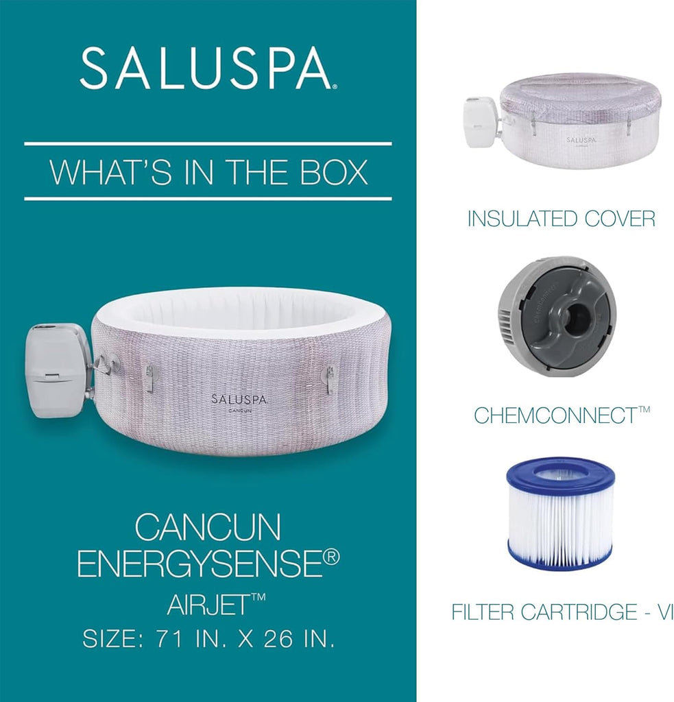 SaluSpa Cancun 2-4 Person Inflatable Hot Tub, Round Energy-Efficient Portable Spa with 120 AirJets, 71" x 26"