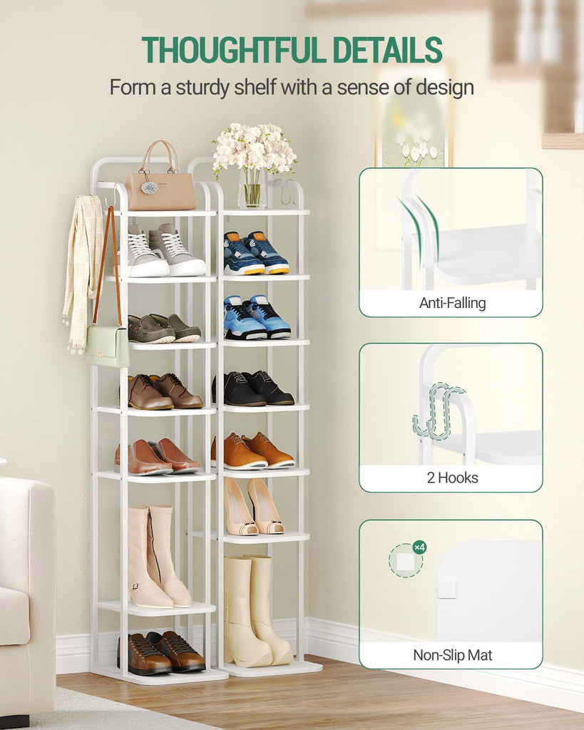 8 Tiers Vertical Shoe Rack, Tall Shoe Shelf with 2 Hooks