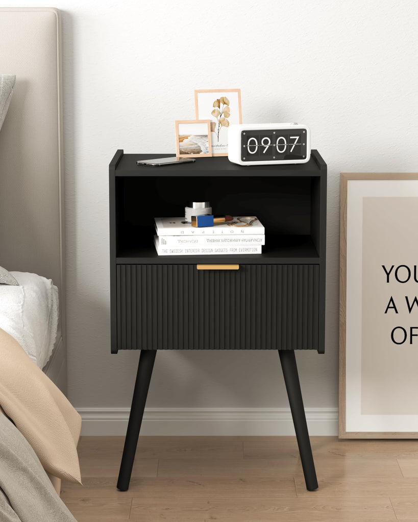 Black Nightstand, Modern Bedside Table with Storage Drawer and Open Wood Shelf, and Small Spaces, Accent Night Stand