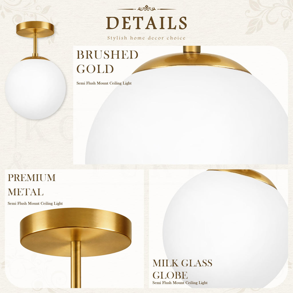 Globe Semi Flush Mount Ceiling Light Fixture Globe Ceiling Light Milk Glass Matte Gold Finish Contemporary Mid