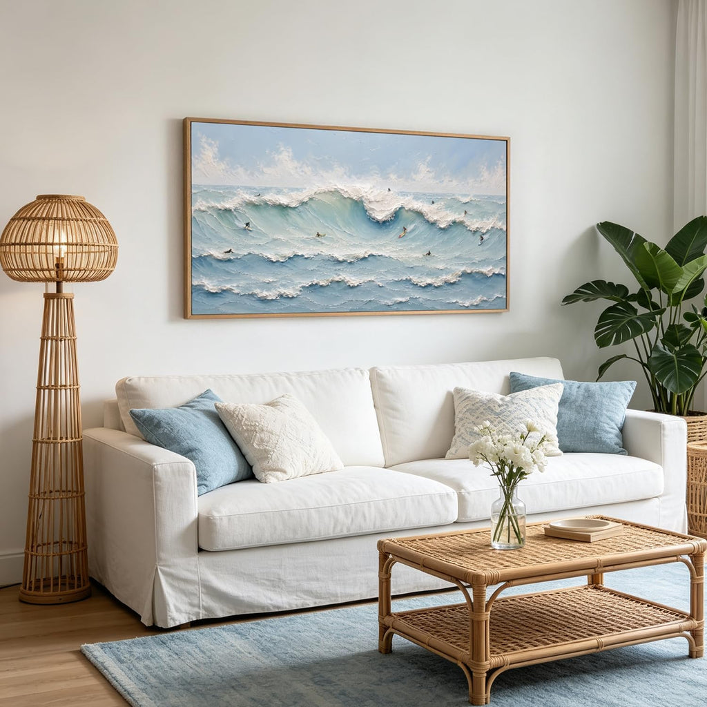 3D Textured Blue Coastal Surfing Framed Canvas Wall Art 40x20 Inch
