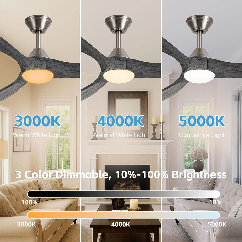 52 Inch Solid Wood 3 Blade Ceiling Fan with Light - Gray Propeller Fan, Dimmable LED, DC Motor, Remote, Indoor/Outdoor