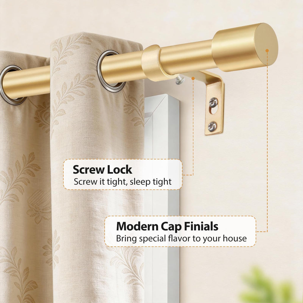 Gold Curtain Rod for Windows, 32 to 115 Inch, Modern Cap Finials