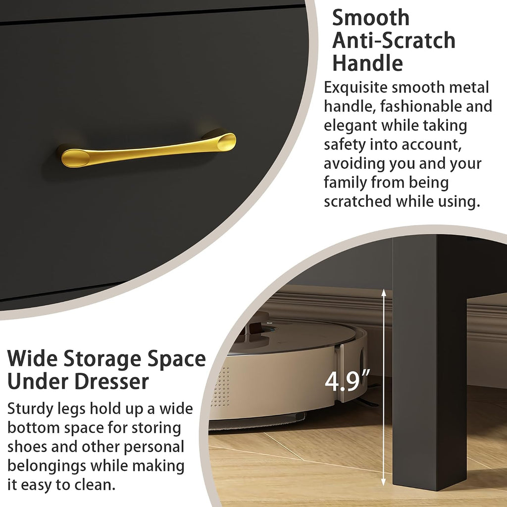 Black Dresser , 7 Drawer Wood Double Dresser with Golden Handles, Wide Chest of Organizer Storage Drawers | Black