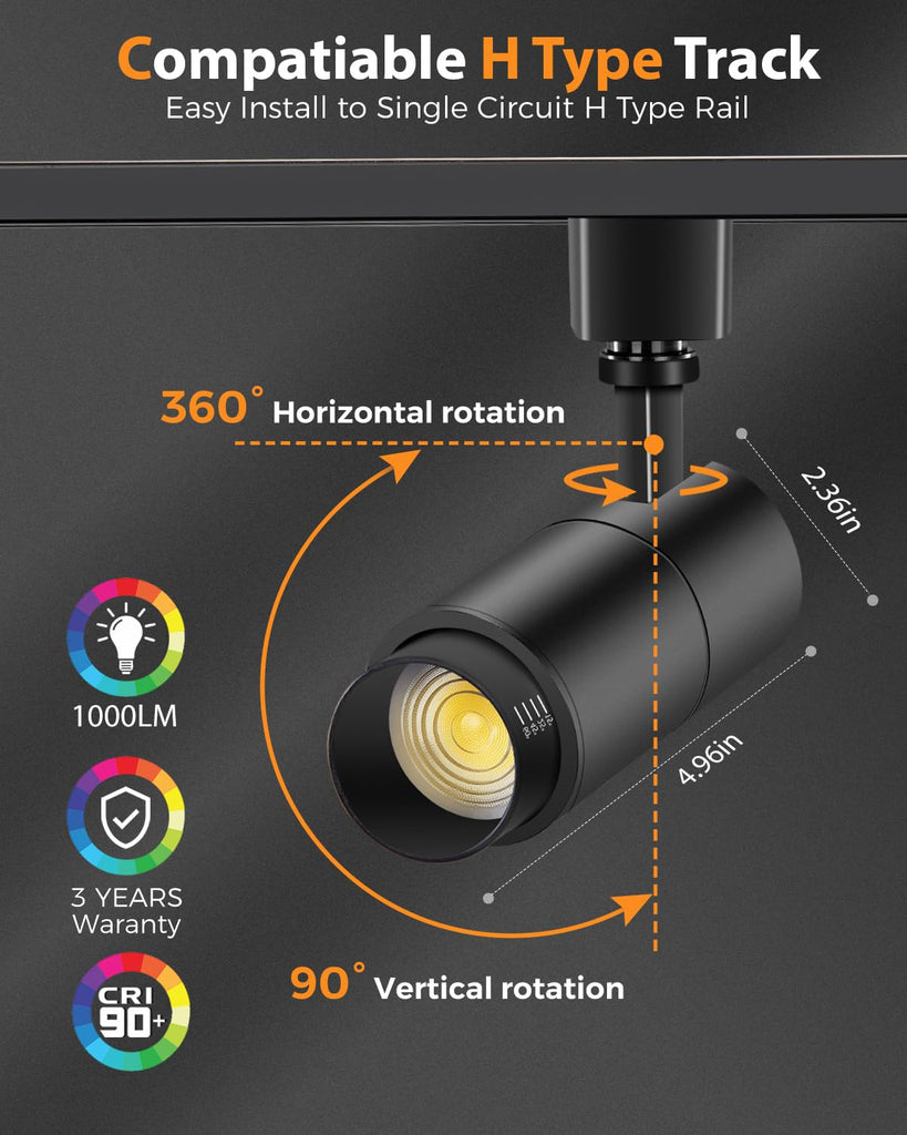 Zoomable 10W LED Track Lighting Heads H Type, Black 6 Pack