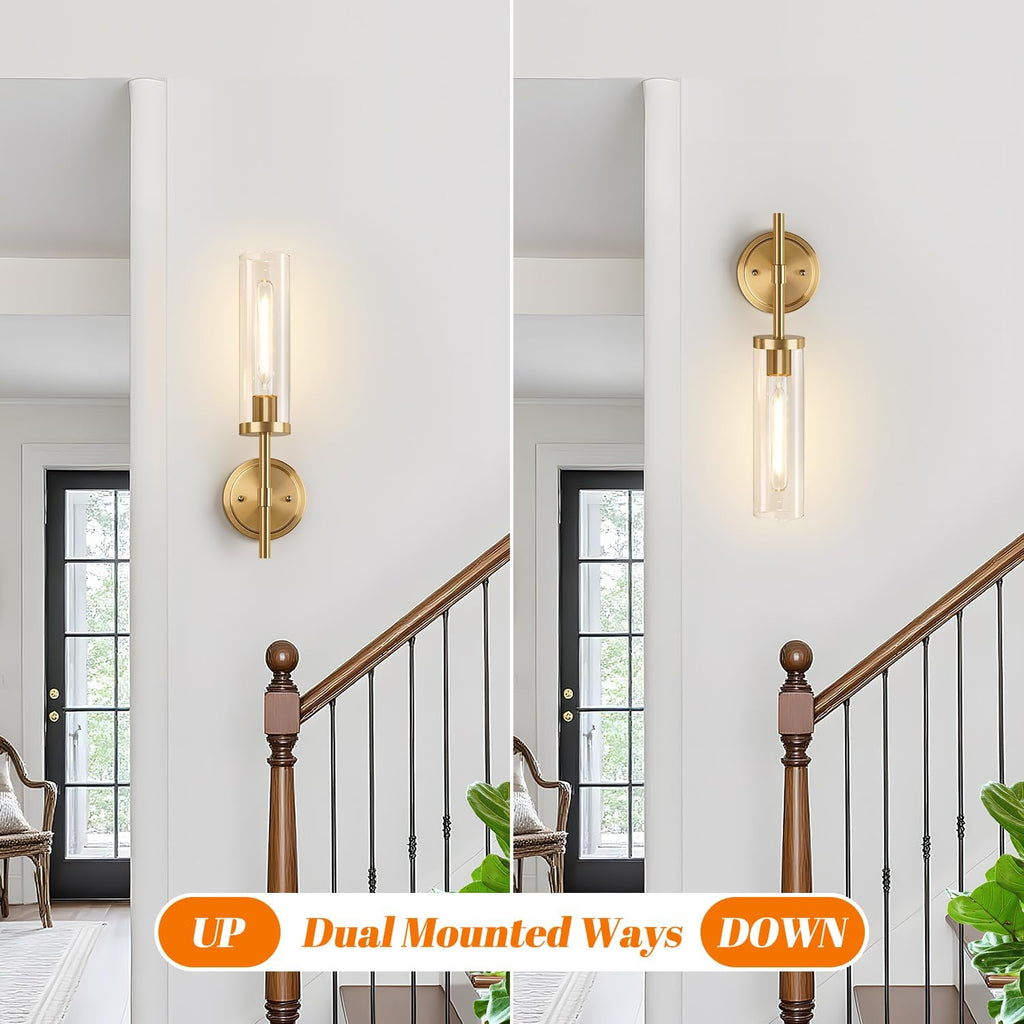 [Hardwired] Wall Sconces Set of Two, Brushed Gold Bathroom Sconces with Clear Glass, Modern Wall Light Fixtures for