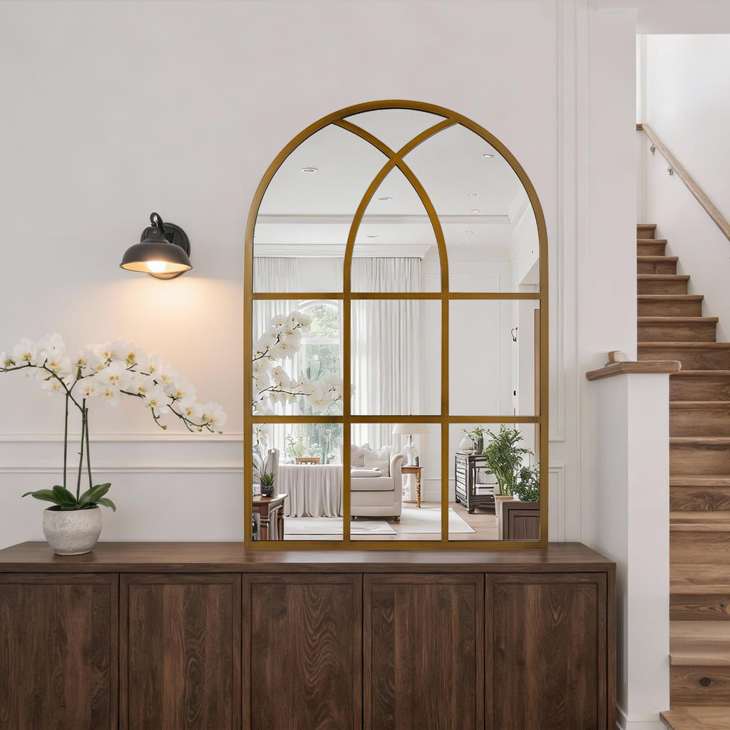 Arched Window pane Wall Mirror 30"x48", Window Shaped Farmhouse Style with Aluminum Frame, Decorative Wall Mirror