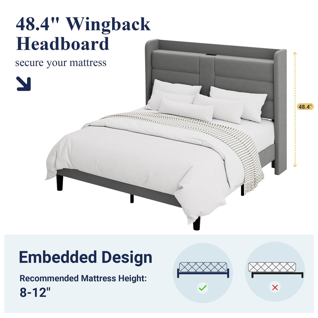Queen Size Platform Bed Frame with Charging Station & Storage Headboard, Upholstered Velvet Wingback Design & USB