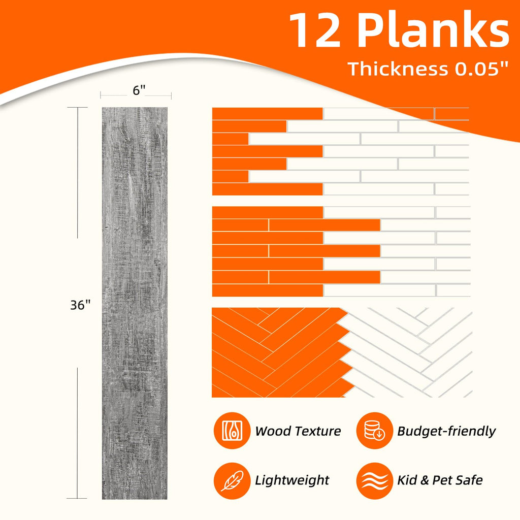 36-Pack Peel and Stick PVC Floor Tiles (54 Sq.Ft), Grey