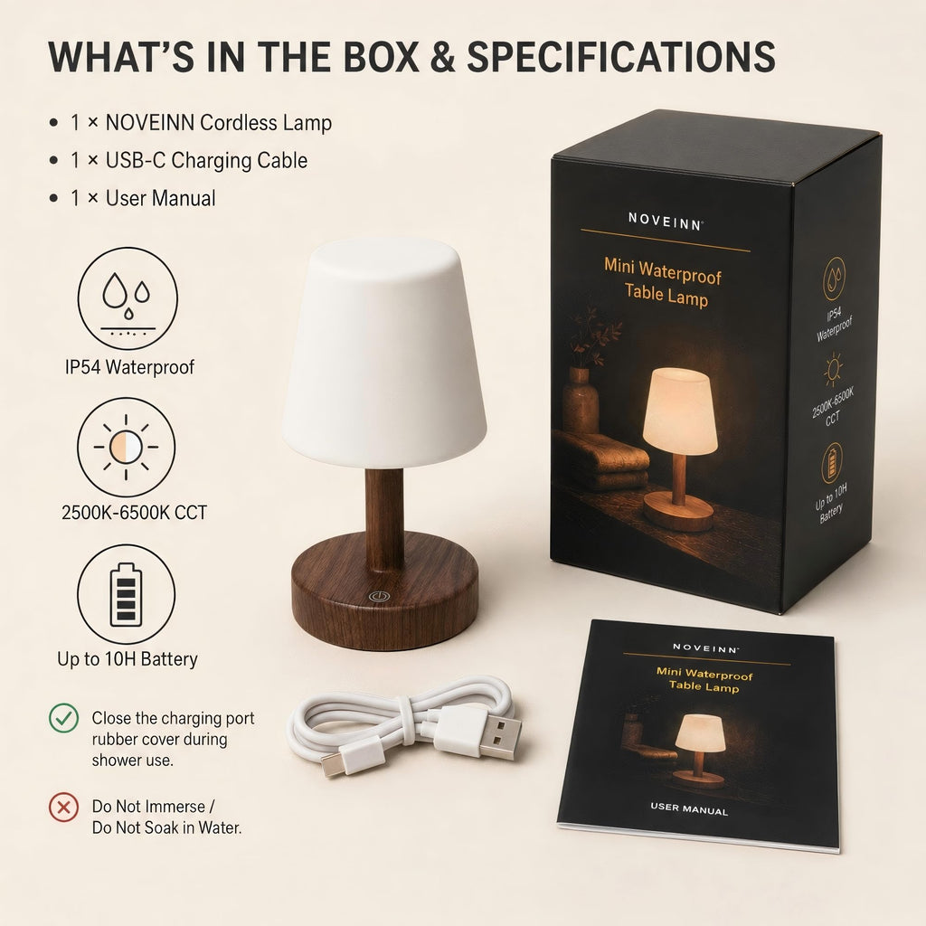 Shower Lamp IP54 Waterproof, Cordless Table Lamp, Dark Wood 2 Pack