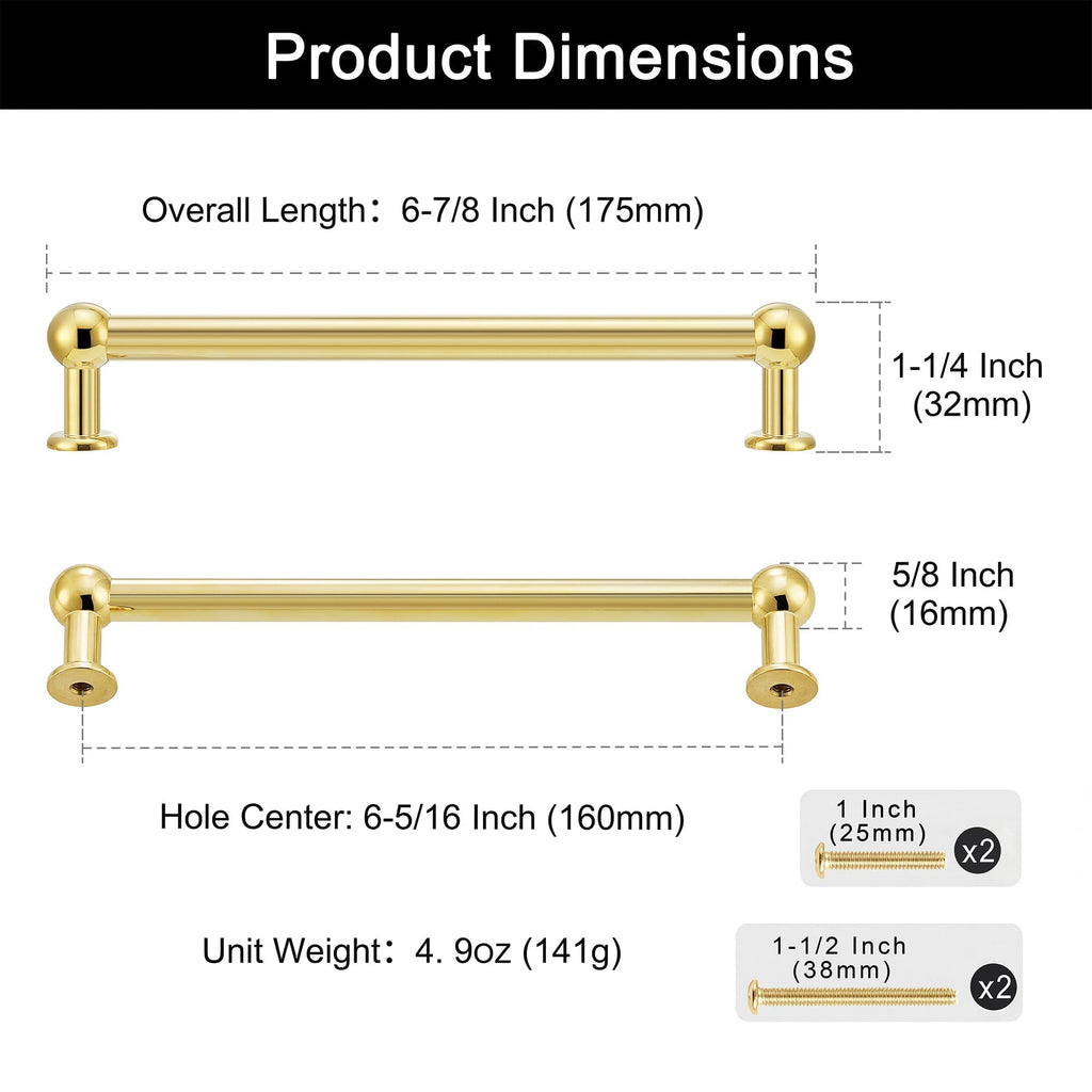 2-Pack Solid Unlacquered Brass Cabinet Pulls, 6-5/16" Hole Center