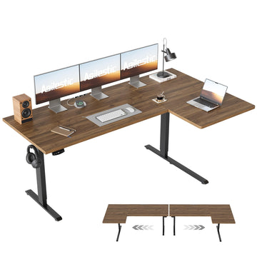 63 * 35 Inch Reversible L Shaped Electric Standing Desk, Walnut