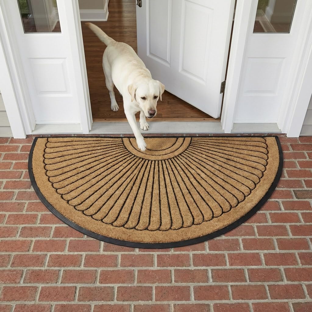 Sunburst Half Round Coco Coir Doormat, 36" x 72" - Extra Large Double Door Welcome Mat with Non-Slip Rubber Backing