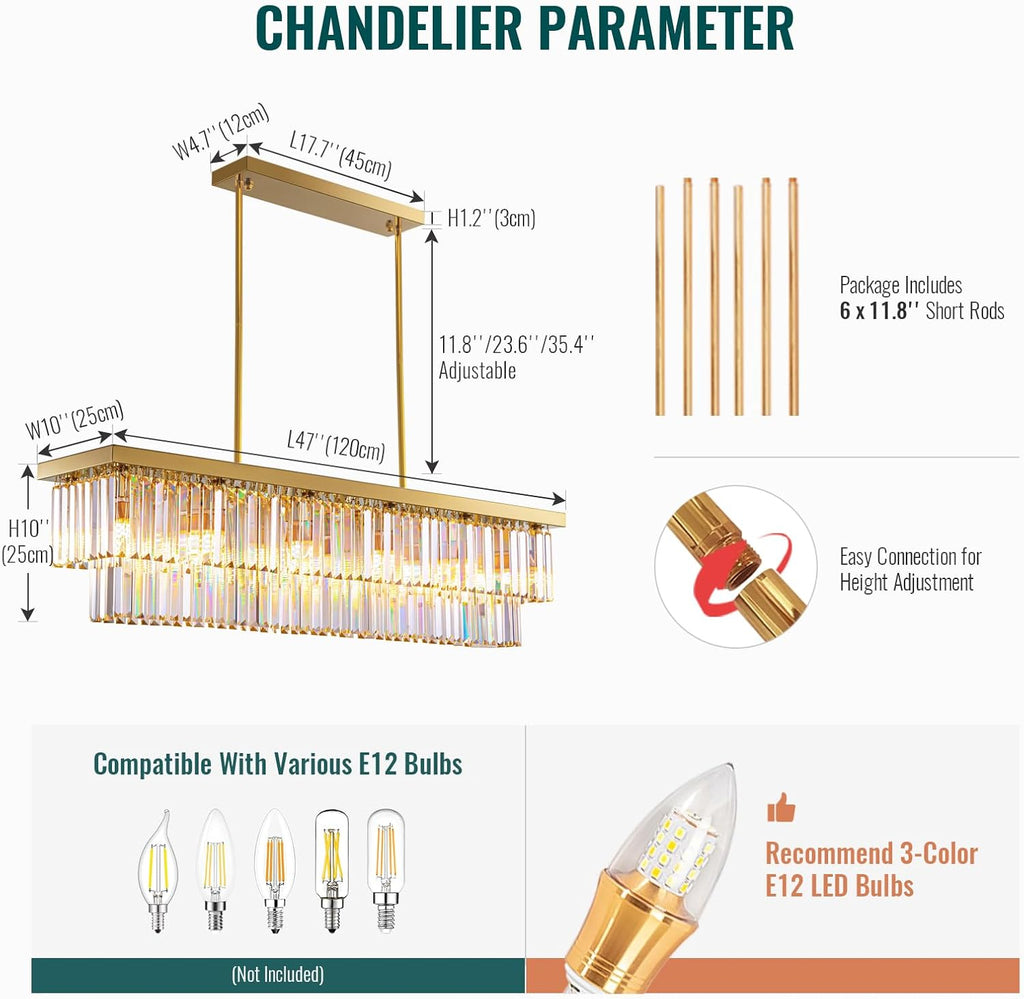 Inspired Odeon Style 12-Light Gold Rectangular K9 Raindrop Crystal 2-Tier Chandelier L47" x W10" x H10" - A107-B0BZJ2TLY2