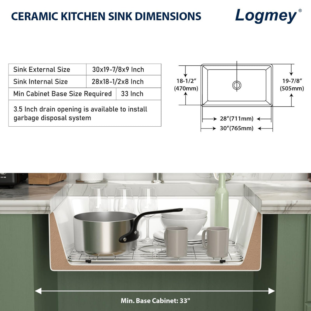 White Farmhouse Sink 30x20