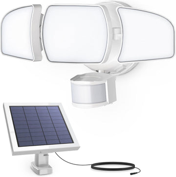 Outdoor LED Triple Head Solar Security Flood Lights with Motion Sensor, Dusk-to-Dawn Sensor, 3000 Lumens Floodlight
