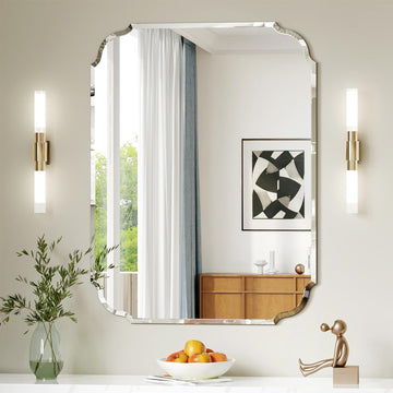 Beveled Frameless Bathroom Mirror with Scalloped Edges, 24" x 32" Rectangle Beveled Mirrors, Vanity Bathroom Mirror