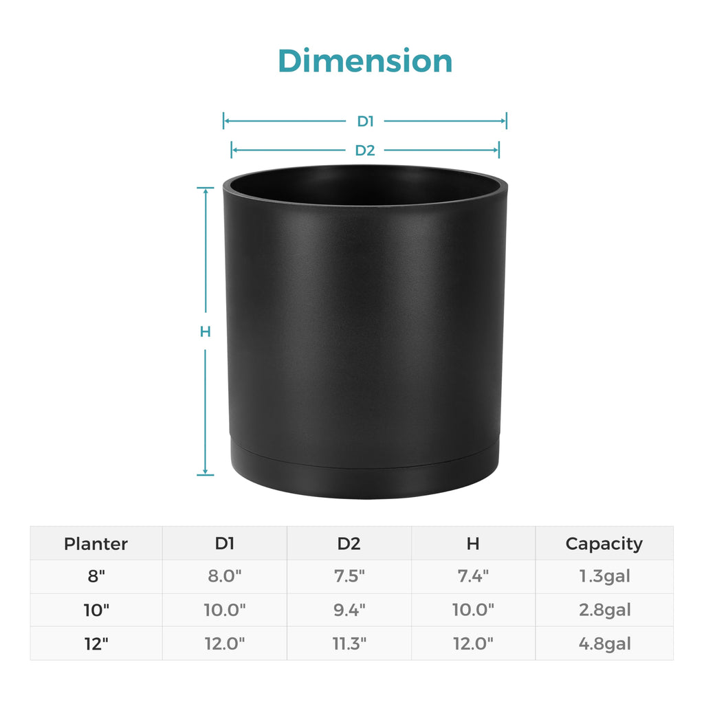 12-Inch Large Modern Cylinder Planter, Thick-Walled Plastic Plant Pot with Drainage Holes and Detachable Saucer
