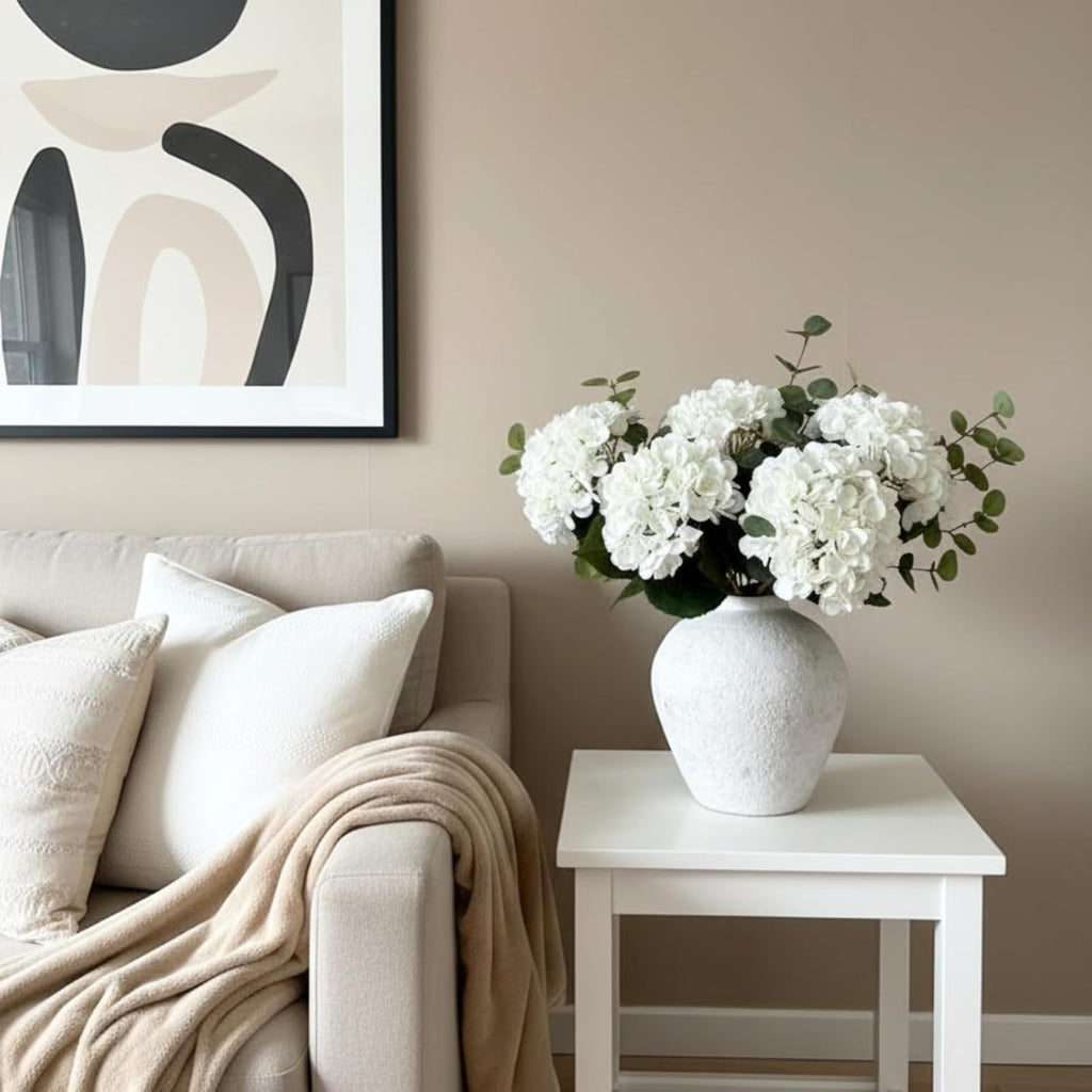 Real Touch White Faux Hydrangea And Eucalyptus Arrangement, Faux Floral Arrangements, Hyper Realistic Artificial - Set of 8