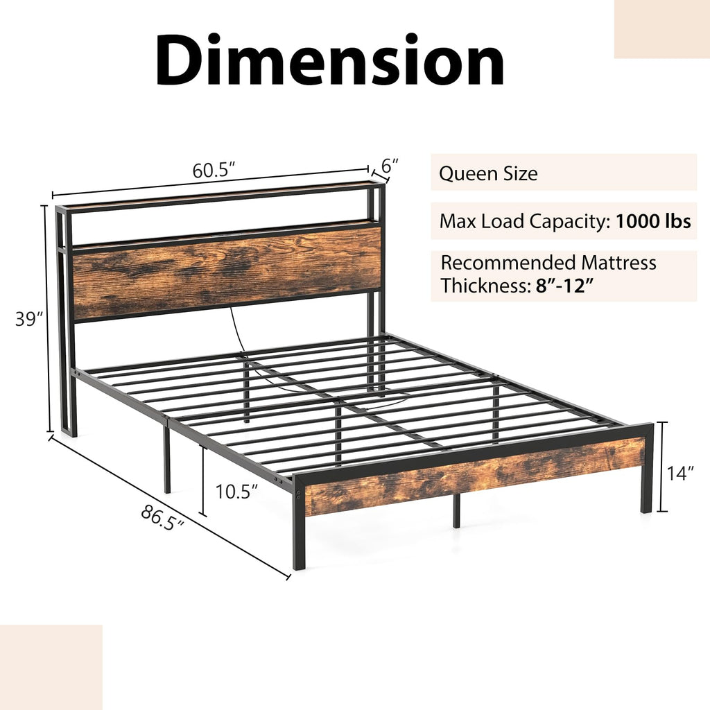 Bed Frame with 2-Tier Storage Headboard, Industrial Metal Platform Bed with Charging Station, Heavy Duty Metal