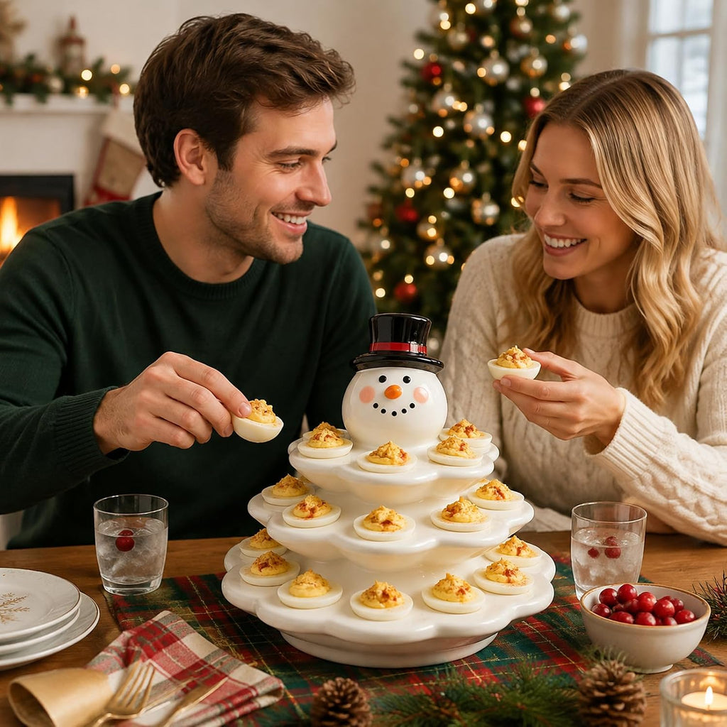 4 Layer Ceramic Snowman Christmas Tree Deviled Egg Platter, 26 Hole