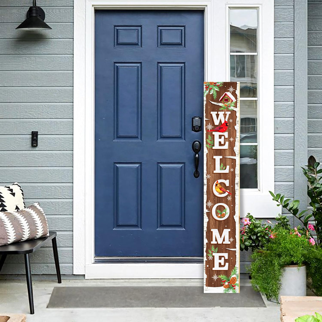 Winter Snow Welcome Porch Sign Decor Birch Tree with Cardinals Wooden Hanging Sign Standing Decorative Signs Plaques