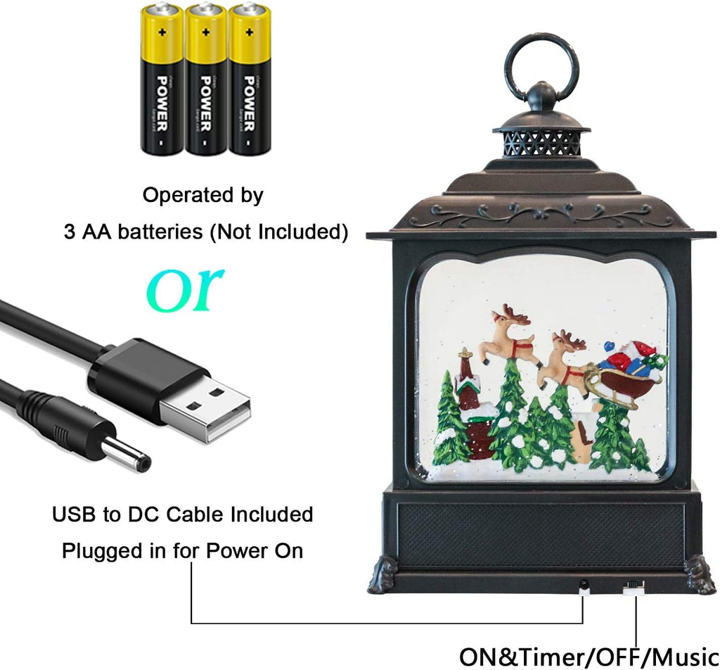 Musical Snow Globe Lantern with Timer, Lighted USB/Battery Operated Swirling Singing Water Glittering Lantern, Snow