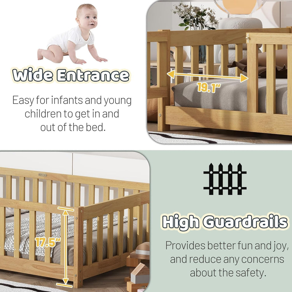 Floor Bed for Kids, Montessori Bed Frame with Door, Low Beds with Rail for Boys and Girls, No Box Spring