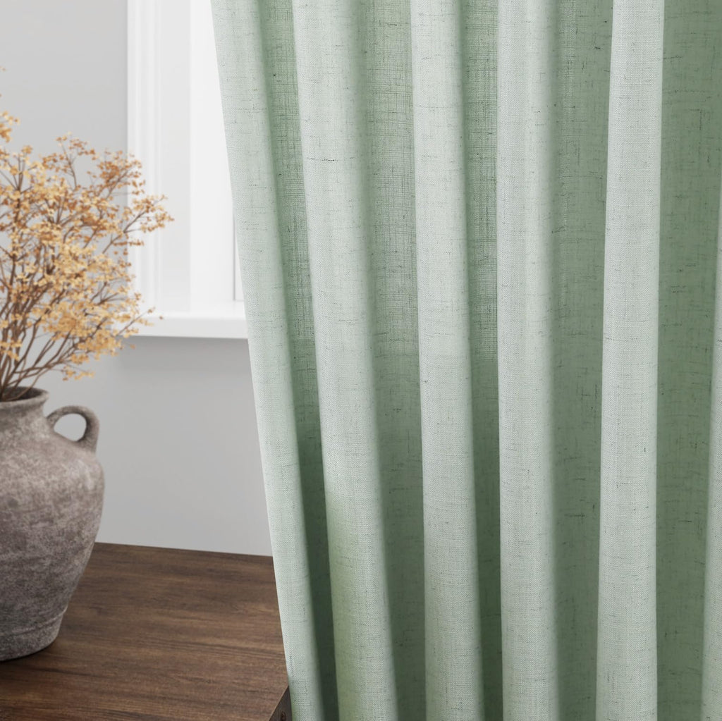 Aqua Green Linen Curtains Semi Sheer 96 Inches Long 2 Panels Set Back Tab Rod Pocket Light Filtering Drape Modern