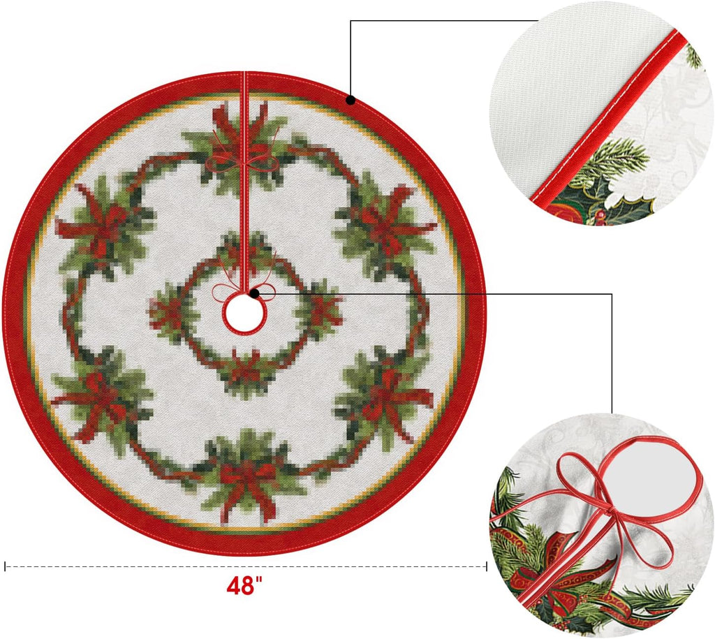 Christmas Tree Skirt 48 Inch, Christmas Ribbon Holly Winter Holiday Tree Mat Decoration