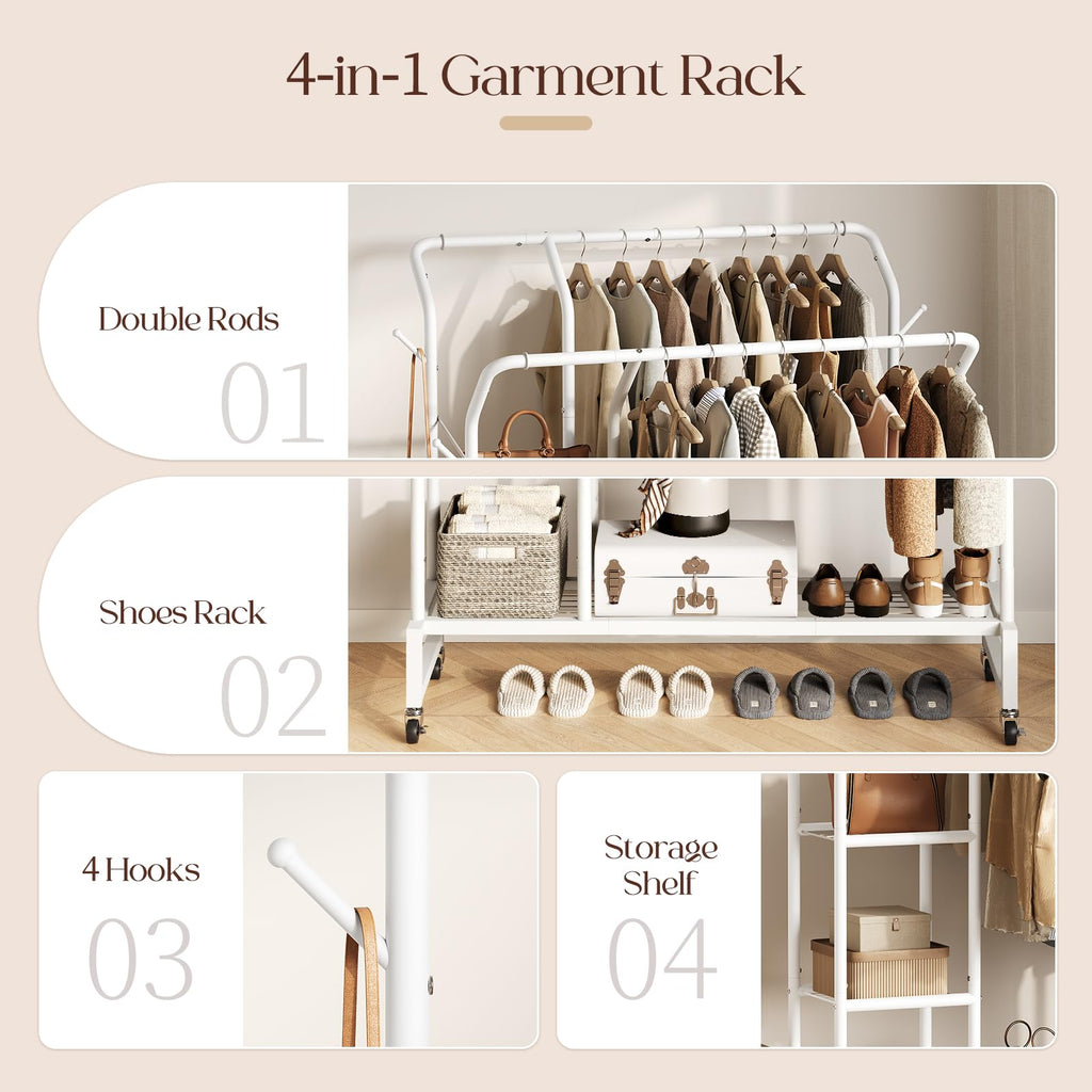 Double Rods Clothes Rack - Portable Clothing Rack with Wheels, Rolling Garment Rack with 3-Tier Shelves & 4 Hooks