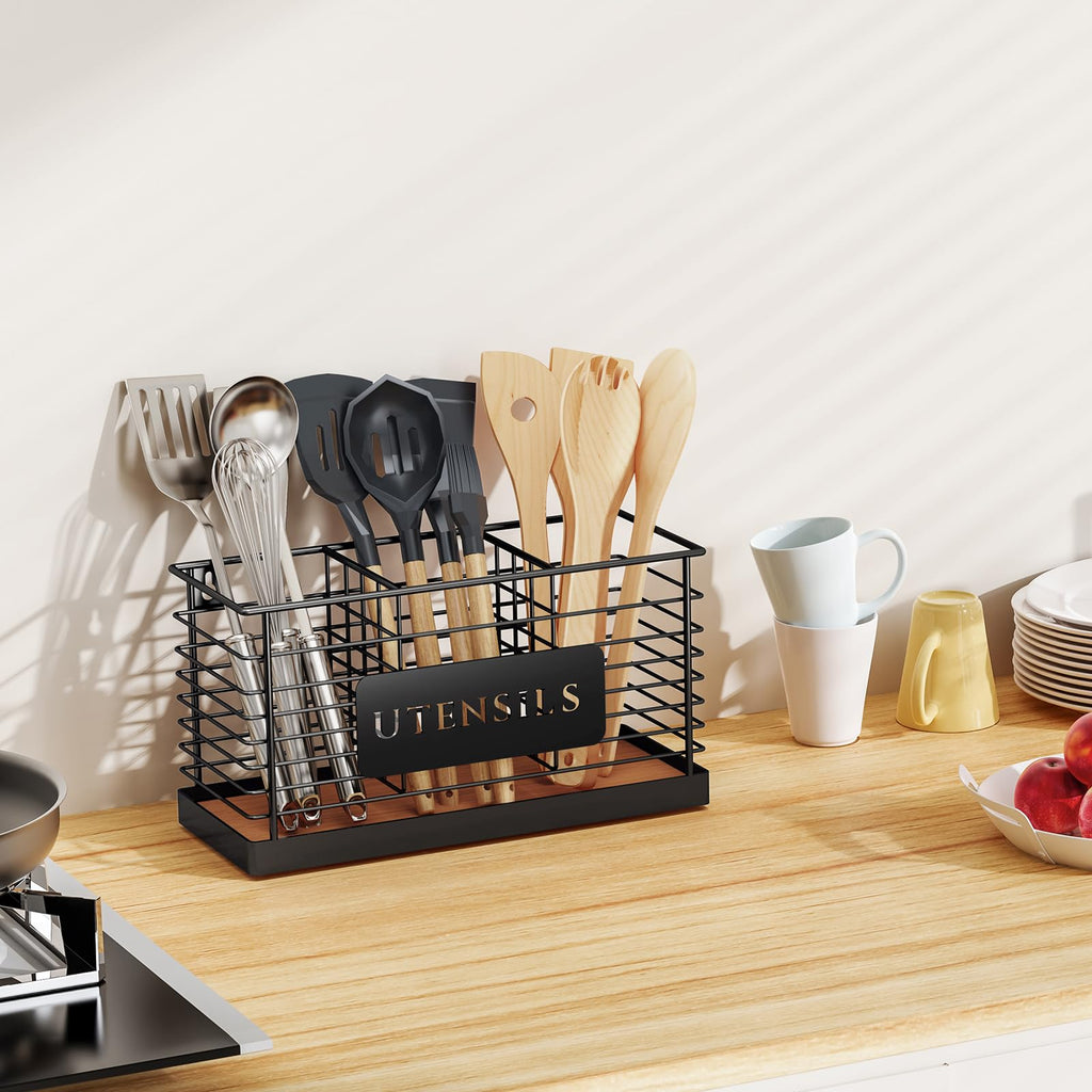 Utensil Holder Counter Large Black Metal Cooking Utensil Organizer 3 Compartments for Countertop Kitchen Tool Spatula