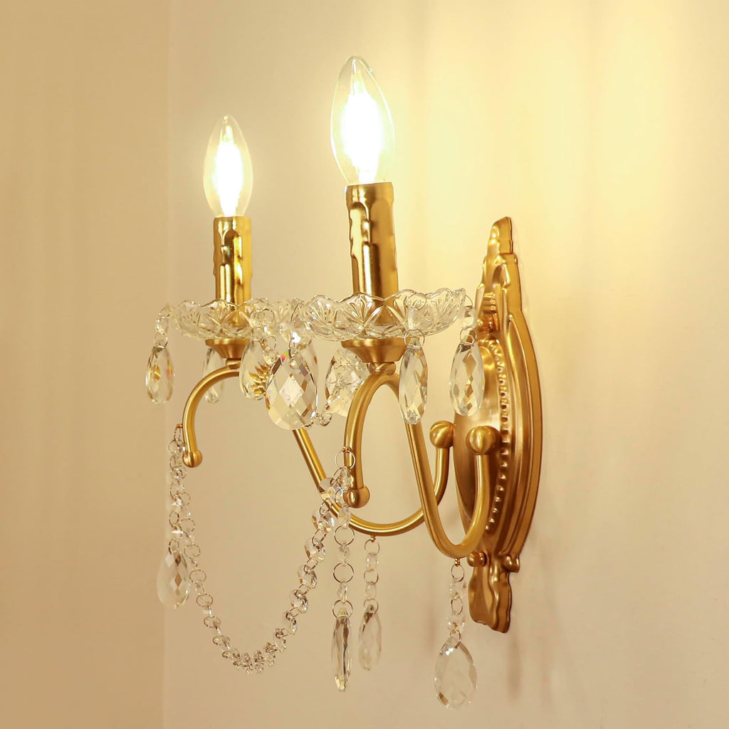 French Vintage Crystal Wall Sconce, Victorian 2-Light Gold Iron Finish, E12 Traditional Candle Style Wall Lamp for