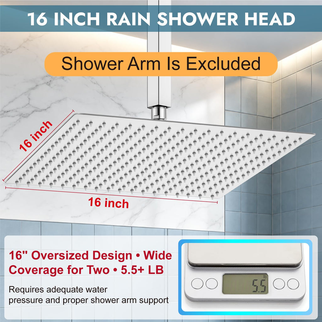 Square Rain Shower Head,High Pressure,Polish Chrome 16 Inch